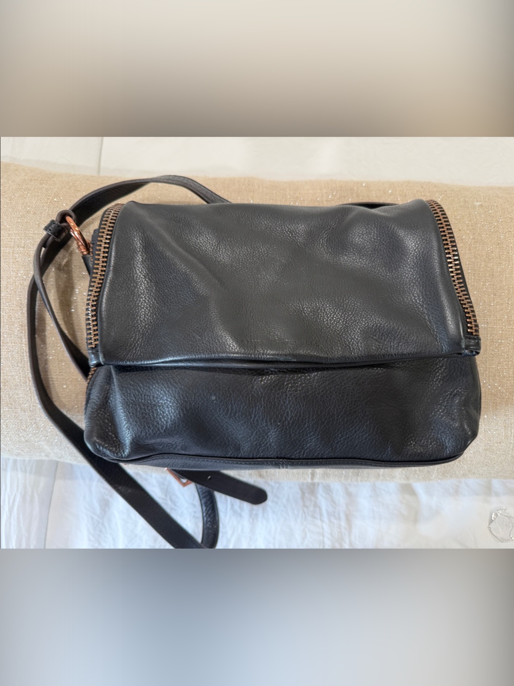Aimee Kestenberg Black Leather Shoulder/Crossbody Bag with Rose Gold Hardware.